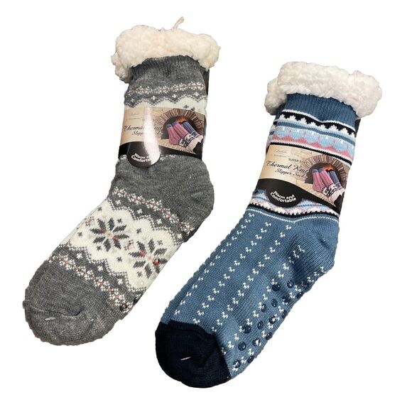 TWO (2) PAIRS MIRABEAU SUPER SOFT THERMAL KNIT SLIPPER SOCKS New - Picture 1 of 5